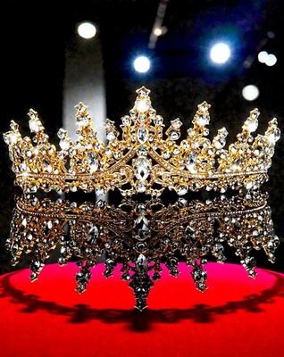 Gold Crystal Queen Tiara Crown 2.7in Bridal Quince Prom Adjustable Fit