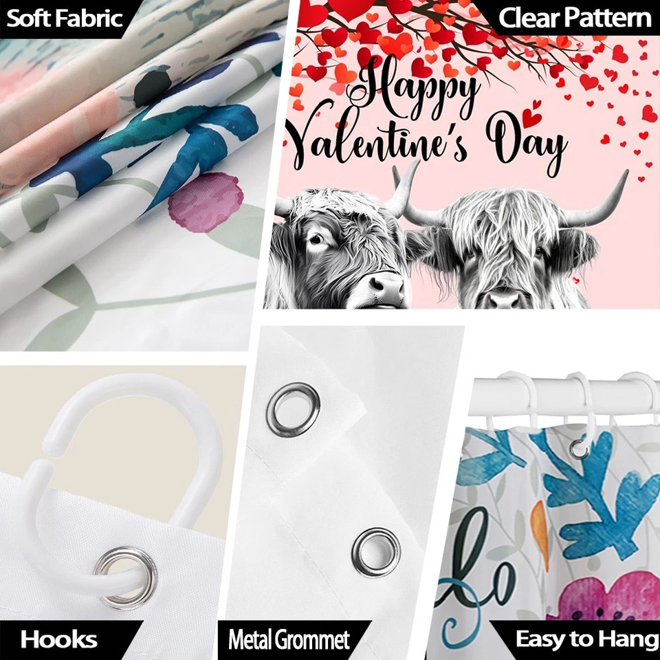 Cortina de Ducha Día de San Valentín Highland Vaca Corazón Rojo Árbol Divertido Animal Decoración Foto 2 de 4