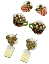 Disney Baublebar Christmas Drinks 3 Earrings Set Latte Hot Cocoa Milk Cookie