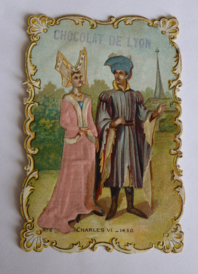 GlanzbildOblaten scraps Prägekarte Seide Dame Herr Tracht Charles VI 1410  11 cm