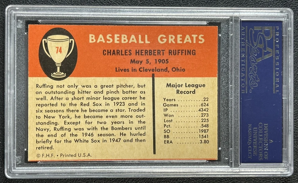 RED RUFFING PSA 7 1961 FLEER BASEBALL GREATS (F418-3) #74 WHITE SOX 1253 - Image 2 of 2