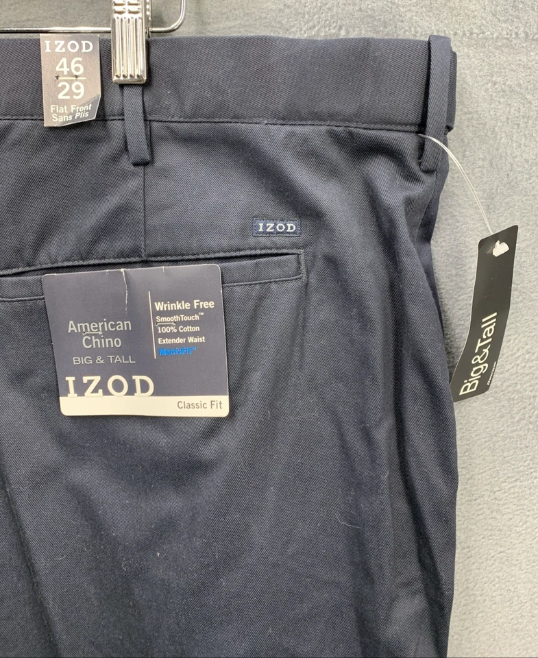 Pantalones chinos americanos IZOD para hombre talla 46X29 frente plano grandes y altos azules clásicos Foto 4 de 4
