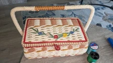 VTG 1940s Wicker Sewing Basket Box Flower Lid Made In Japan With Spools Bobbins