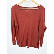 American Eagle Rust Red Waffle Knit Thermal V-Neck Shirt Women Small S 2305