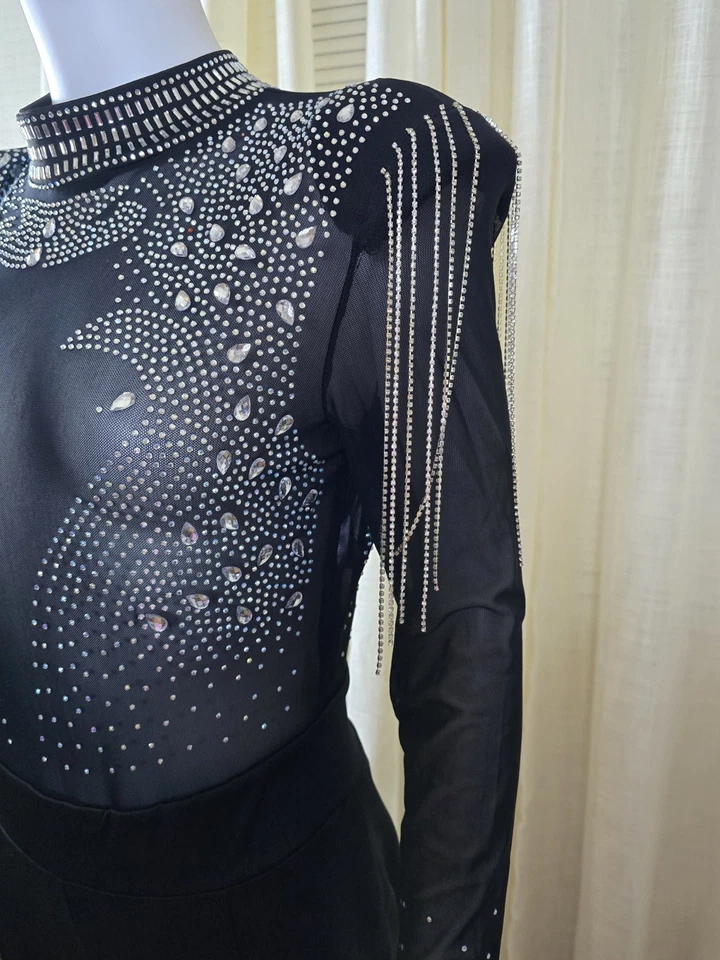 Mono negro de malla con estrás de manga larga para mujer talla XL Foto 2 de 4