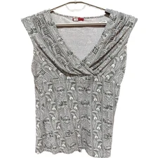 TapeMeasure Womens Top Size L Green Paisley All Over Print Beaded Boho STAIN 