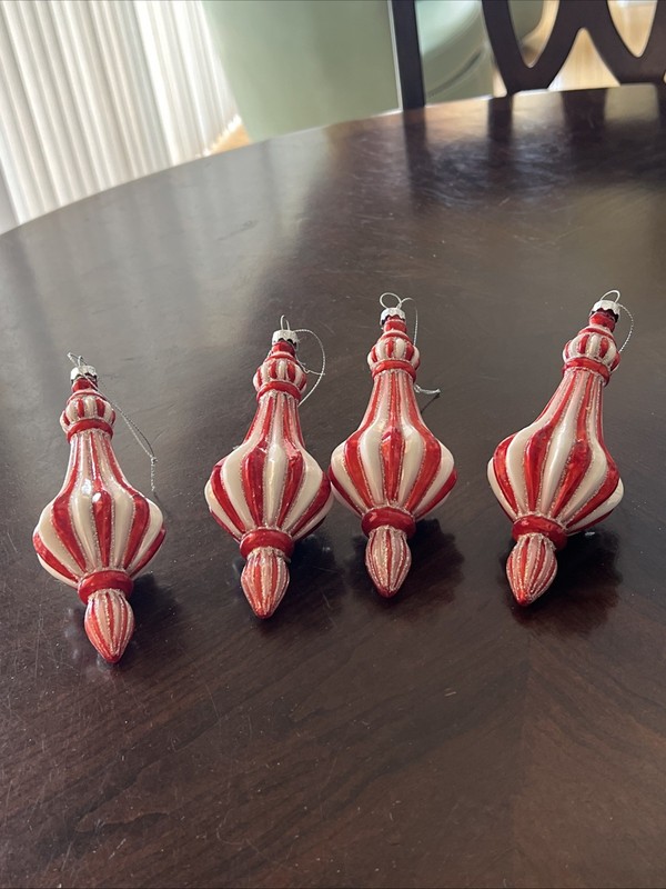 4 - Glass Finial Red White Peppermint Christmas Tree Ornament