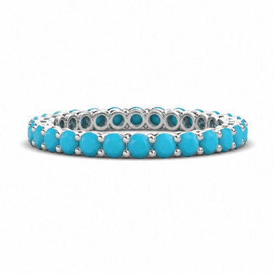 Sterling Silver 925 Natural Turquoise Cab Round 2mm Full Eternity Band Ring