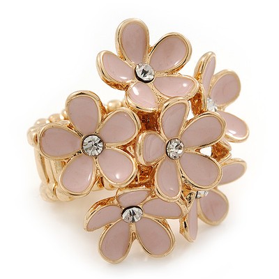 Gold Plated 'Damsel Daisies' Crystal Set Enamelled Stretch Ring (Pastel Pink) -