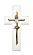 White Wooden Hanging Wall Cross with Inlay Chalice and Host 5 Inch
