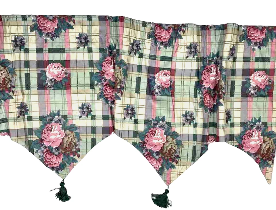 2 件定制帷幔宽短窗帘复古绿色粉红色格子玫瑰印花粉彩 — 第 3/4 张图片