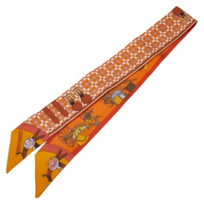 Foulard Hermès Les Voitures Nouvelles en soie tendance orange multicolore AB occasion