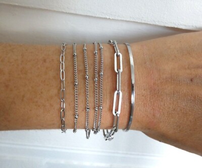 Bracelet petite chaîne fine perlée en acier inoxydable argenté femme Neuf  Type C