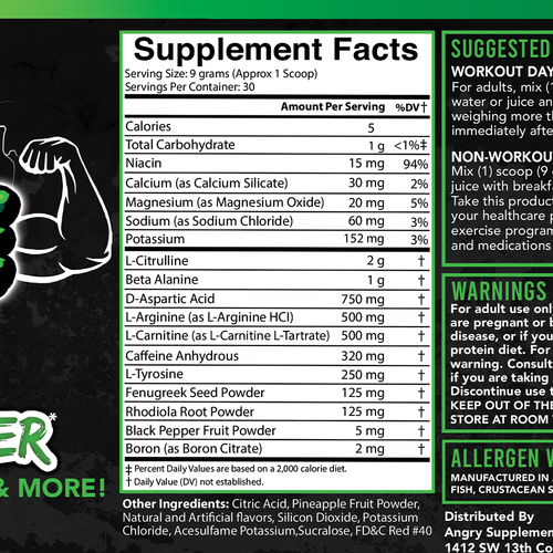 Pre Workout Powder Angry Supplements Raw Rage + Test Booster Drink, Fruit Punch - Picture 3 of 5