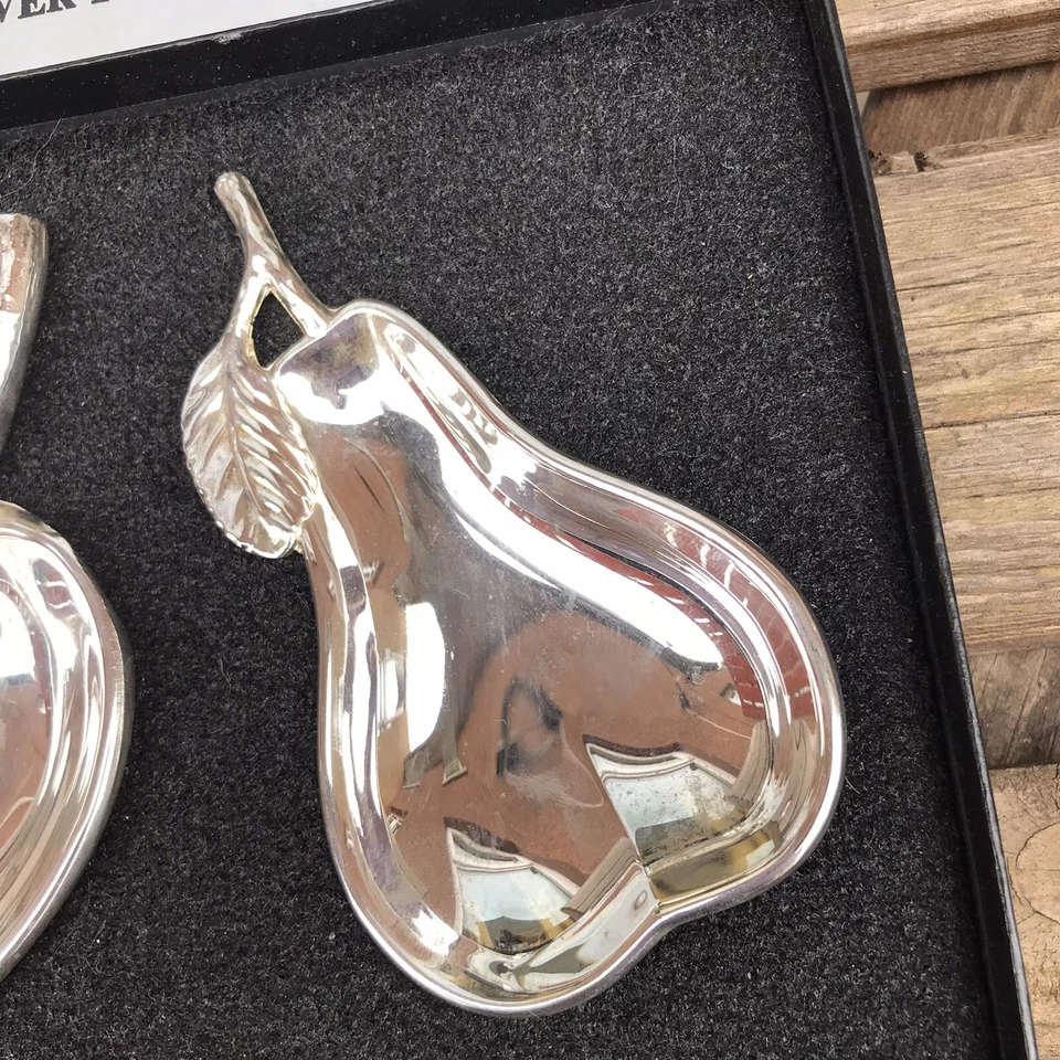 Vtg Silver Plated Seba Fruit Trinket Dishes Pear Apple Decor W/ Original Package - Image 3 of 4