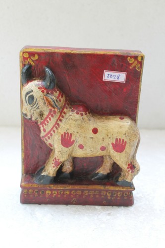 Old Hand Carved Wooden Hindu Holy Nandi Cow Engraved Wall Hanging Block NH5028 - Picture 5 of 12