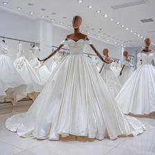 Simple Satin Wedding Dresses Off-the-shoulder Sweep Train Bridal Gowns