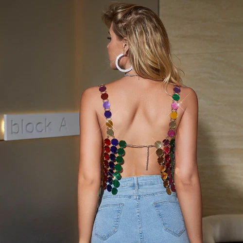 Women Sequined Tops Women Clothing Shiny Metal Shoulder Strap Sexy Backless Top - Image 2 of 4