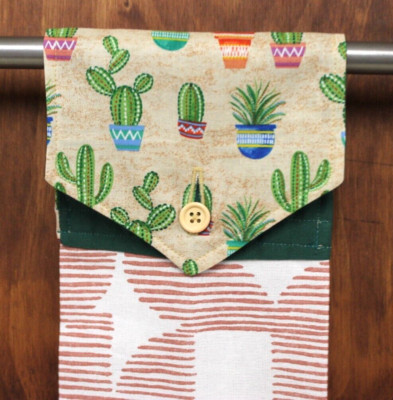 CACTUS HAND TOWEL BEIGE & GREEN HANDMADE HANGING KITCHEN TOWEL PINK WHITE COTTON
