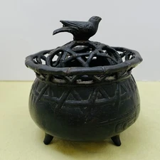 Vintage BIRD ON NEST Japanese Footed Cauldron Pot Incense Burner, Brutalist