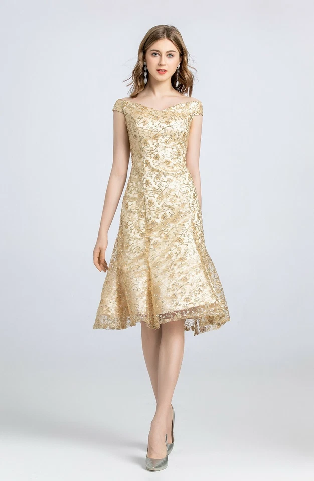 Sexy Vestido de Fiesta de Diseñadores Mujeres Descubierto Hombro Dorado Encaje Hasta la Rodilla Vestidos Foto 4 de 4