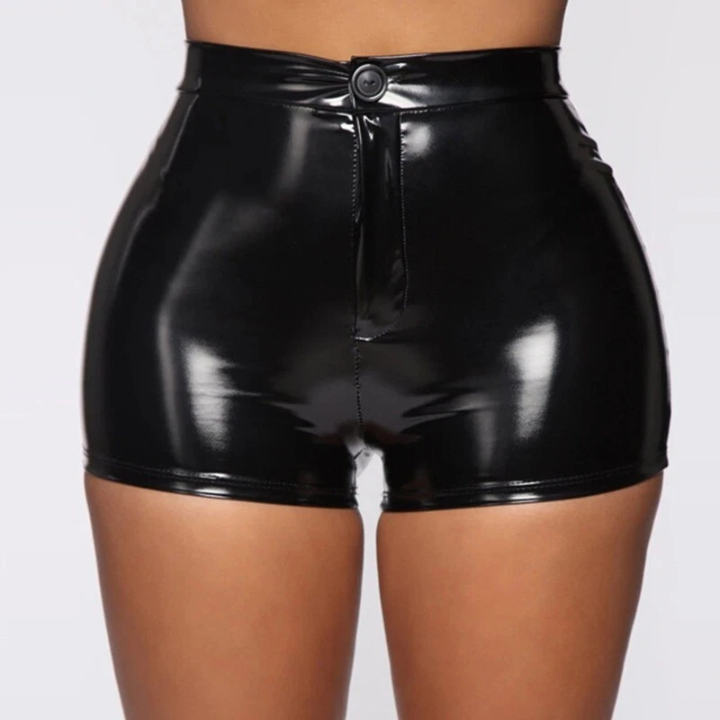 Women Sexy Wet Look Faux Leather Shorts Black Stretch Slim Hot Pants Clubwear