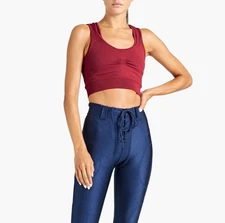 KORAL Roxy Cropped Ruched Mesh-Paneled Sports Bra Women's XS Claret Pullover