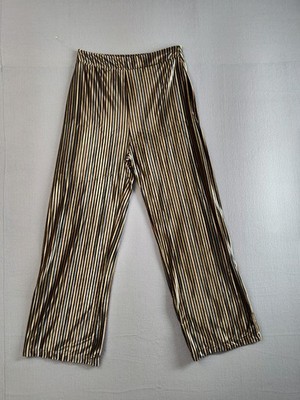 ZARA Women Pant M Gold Pleated Wide Leg Palazzo High Waisted Zip Closure Stretch