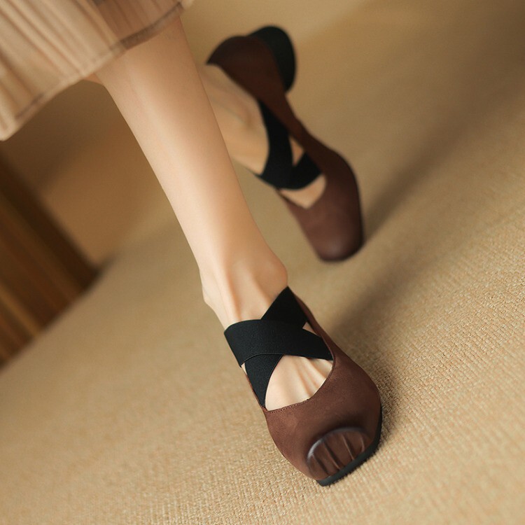 Zapatos de ballet para mujer de cuero real de piel de oveja punta cuadrada correa cruzada tacón medio bloque