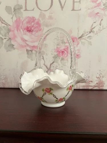 Fenton Charleton Milk Glass Roses Basket 2003 Museum Coll. Nancy F Sig Orig Box