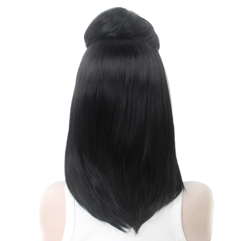 Fantasia de Halloween Lydia peruca preta BUN reta besouro sucos peruca cosplay - Imagem 3 de 4