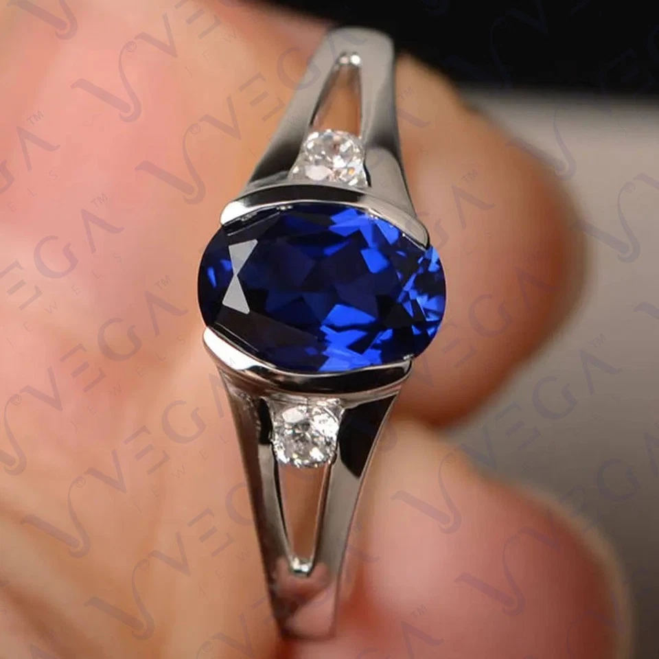3.20Crt Oval Cut Natural Sapphire Diamond Three Stone Ring 950PT Platinum Plated - Image 2 of 4