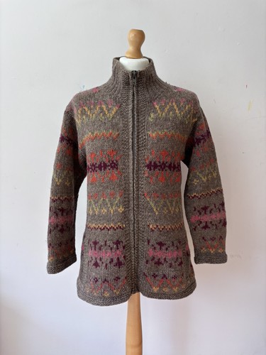 Pachamama Cardigan Women's L Brown 100% Wool Fair Isle Zip Knit Jumper ...