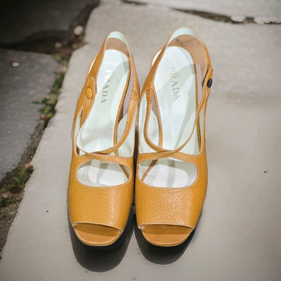 PRADA Women's Orange Leather Slingback Platform Wedge Sandals Logo EU 39.5