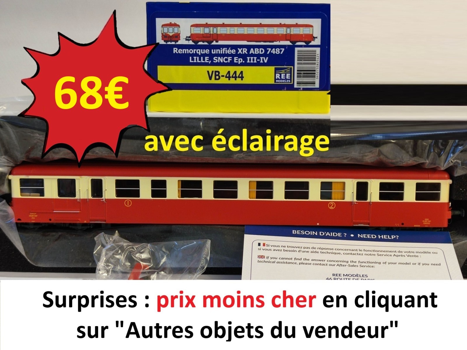Autorail XR7487 SNCF REE MODELES VB-444 remorque Decauville HO