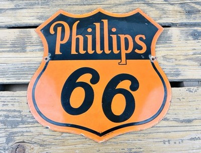 VINTAGE PHILLIPS 66 12x11''  GASOLINE MOTOR OIL PUMP STATION PORCELAIN GAS SIGN