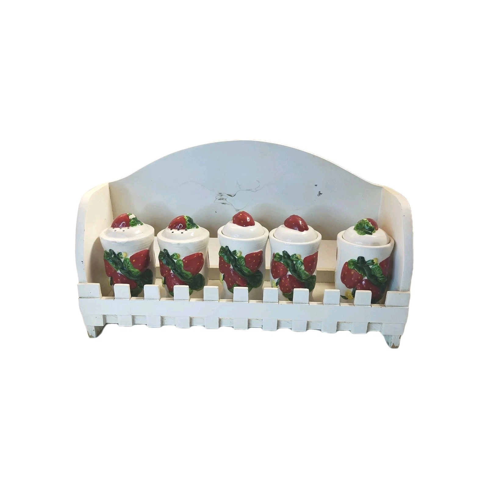 Vtg Cottagecore Ceramic Strawberry Spice Jars Containers Salt Pepper Wooden Rack