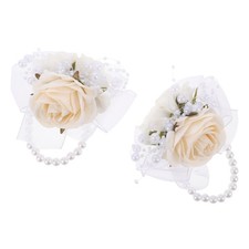 2 Pcs Wedding Corsage Wristlet With Artificial Flowers And Pearl For Bridesmaids