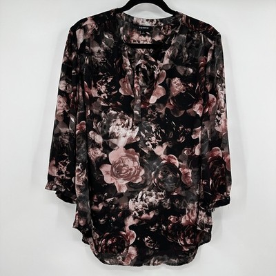 Torrid 2 Plus Black Moody Floral Chiffon Tie Neck 3/4 Sleeve Blouse Top Romantic