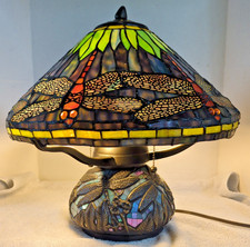 Vintage Tiffany Style Dragonfly Stained Glass Table Lamp With Stained Glass Base