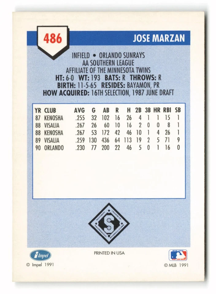 1991 Line Drive AA #486 Jose Marzan Orlando Sun Rays - Image 2 of 2