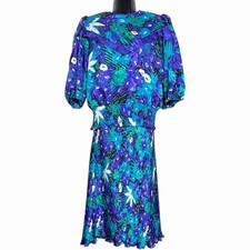 VINTAGE 1980s MOSAIC SKIRT BLOUSE SET RETRO BLOUSON TOP VIBRANT FLORAL SIZE L