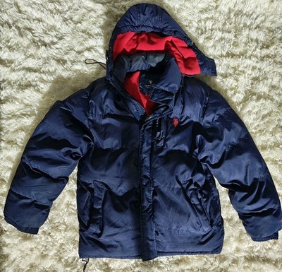 US Polo Assn Mens Medium Down Parka with detachable hood, navy blue warm stylish