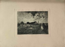 Olof Jernberg ** Bauern bei der Heuernte am Abend ** Radierung