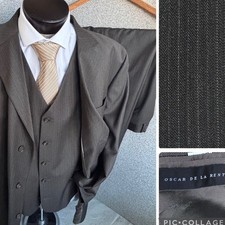 Oscar de la Renta Mens Olive Gray Pinstripe Suit Vest Jacket Pants 3 Piece Set