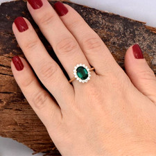 3Ct Oval Shape Green Emerald Halo Wedding Engagement Ring 14K Yellow Gold Over