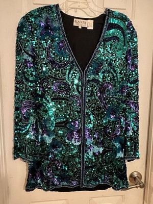 OLEG CASSINI BLACK TIE AQUA BEADED SEQUIN EVENING JACKET SZ LARGE
