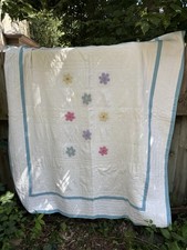 Vintage Hand Sewn Quilt Patchwork W/ Crocheted Flowers 84 x68 1950s 1940