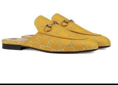 NEW AUTHENTIC GUCCI PRINCETON SLIP ON MONOGRAM GG YELLOW & SILVER MALAGA G 36.5