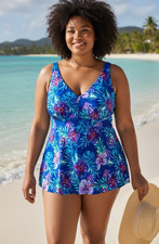 NWT Swimsuits for All Blue Floral Flared Tankini Swim Top Molded Wireless Sze 22